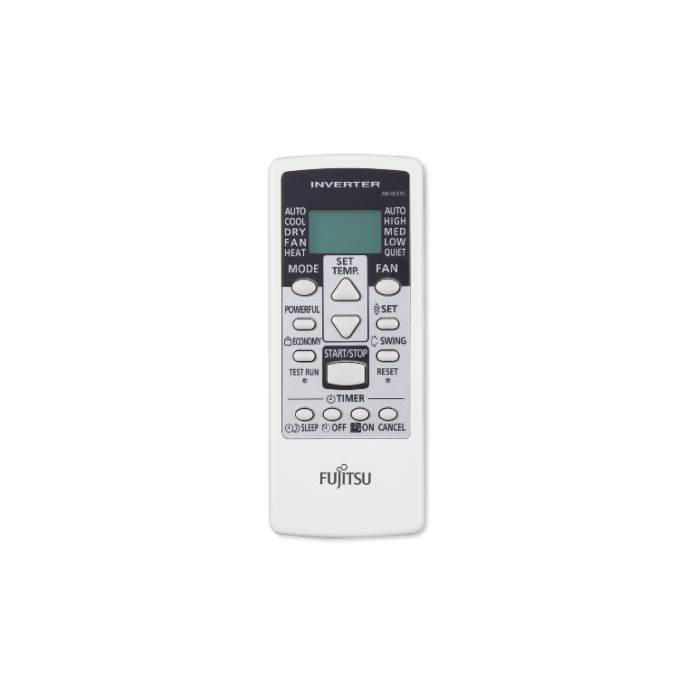Un mando a distancia blanco con botones y una pequeña pantalla.