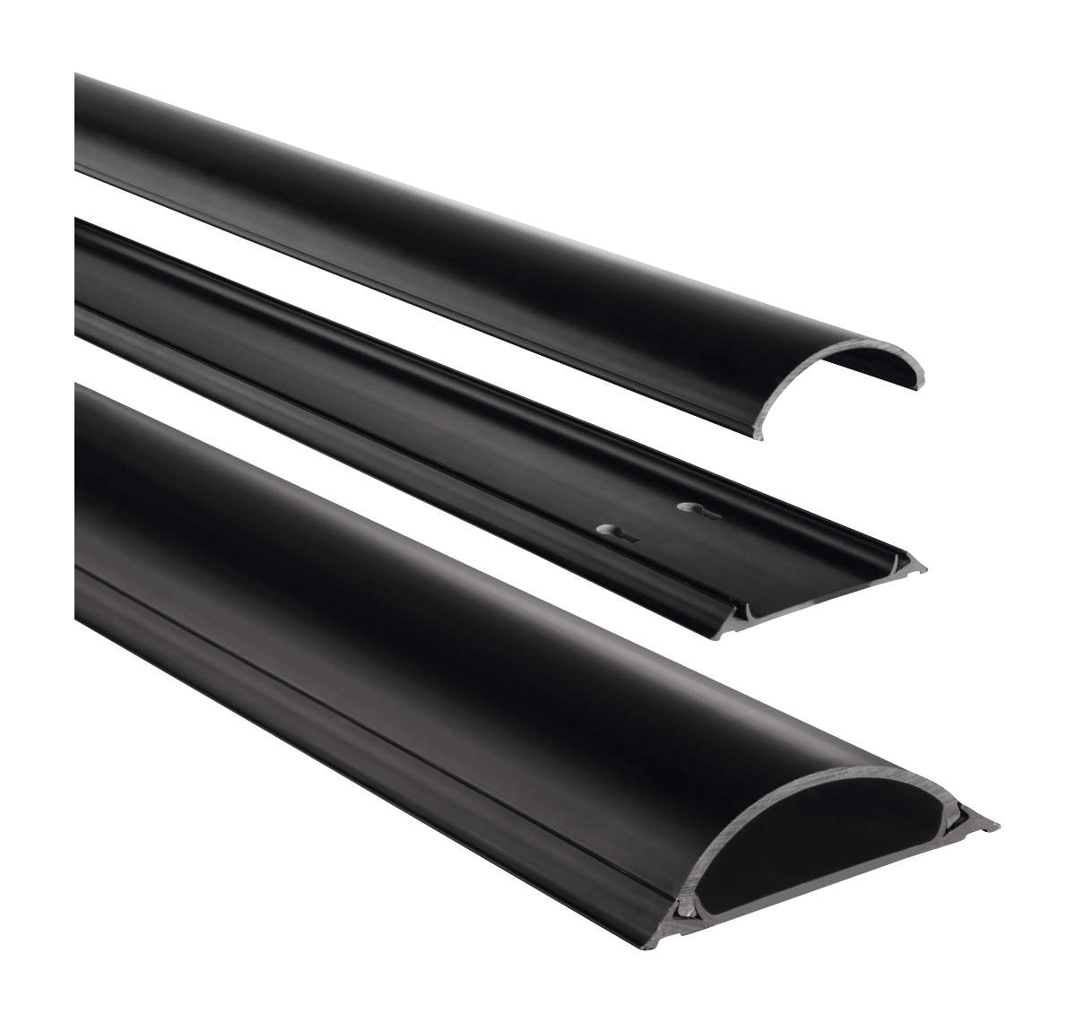 Drei schwarze Kabelkanäle, perspektivisch, vor schwarzem Hintergrund. Das obere ist gebogen.