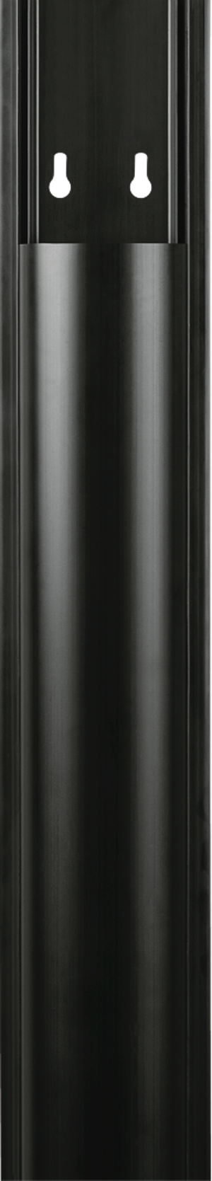 Eine schwarze, vertikale Metallschiene mit zwei Befestigungslöchern, auf weißem Hintergrund.