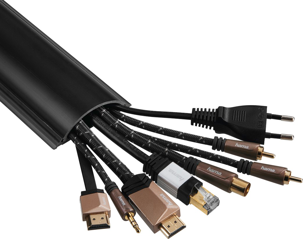 Schwarzer Kabelorganizer mit verschiedenen Kabeln: HDMI, Audio, Strom, Ethernet und Cinch-Kabel.