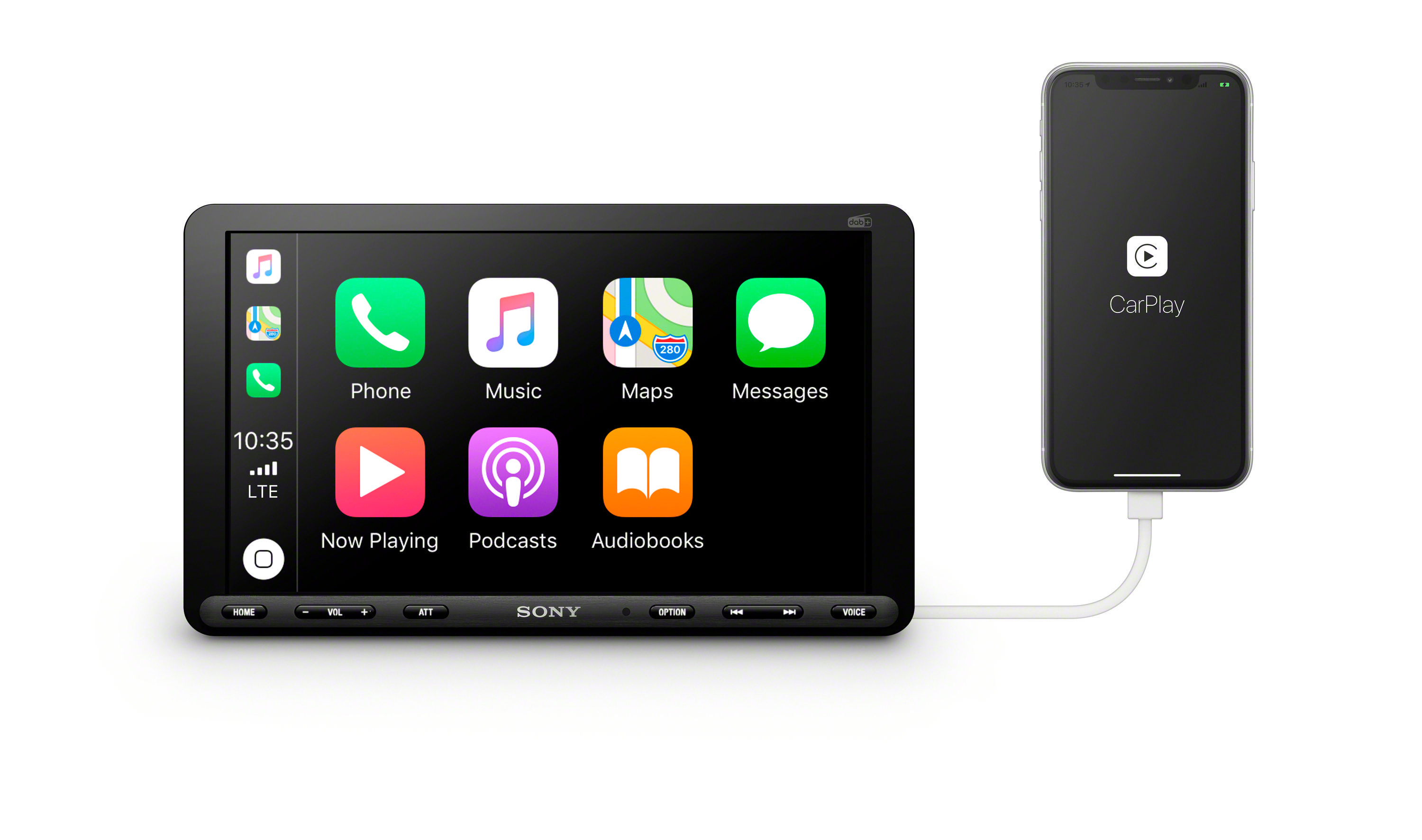 Ein Autoradio-Bildschirm, der die Apple CarPlay-Oberfläche anzeigt, verbunden mit einem Smartphone.