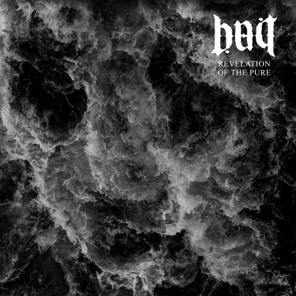 Fekete-fehér kép örvénylő vízzel, 'baq' és 'Revelation of the Pure' felirattal.