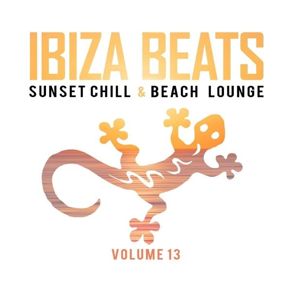 Ibiza Beats volume 13 cover. Oranje hagedis over zonsondergang. Tekst Sunset Chill en Beach Lounge.