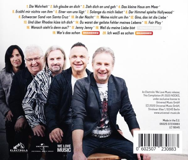 CD-Rückseite mit Bandfoto und Trackliste. Text auf Deutsch. Weißer Hintergrund.