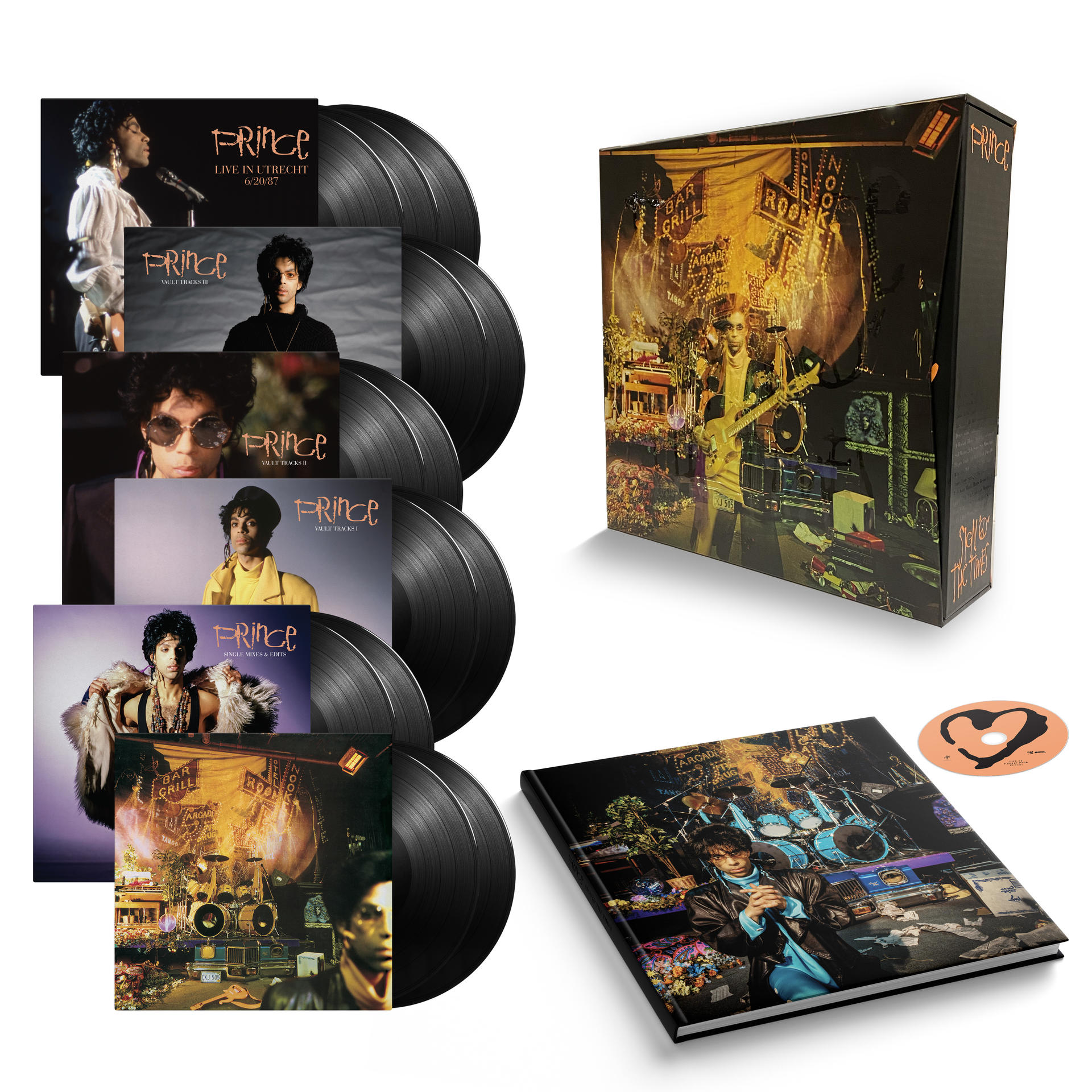 Coffret avec disques vinyles, livre et CD.