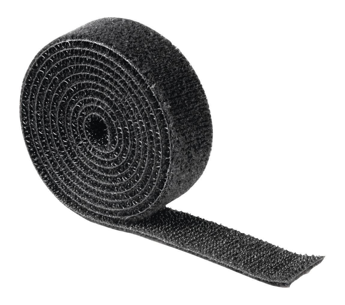 Eine Rolle schwarzes Klettband mit dem Haken- und Schlaufenmaterial auf der Oberfläche, das Band ist aufgerollt.