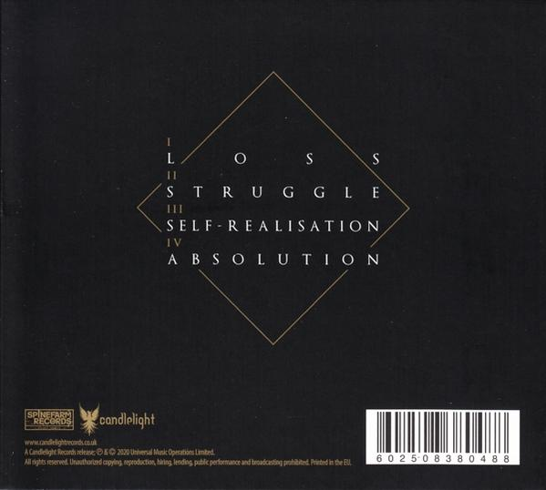 Pochette de CD : texte doré sur fond noir. Mots du titre : Loss, Struggle, Self-Realisation, Absolution.