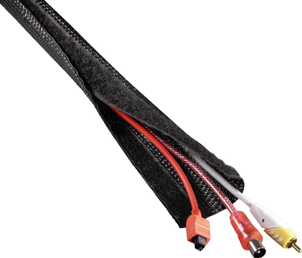 Schwarze Kabelhülle mit drei Kabeln: orange, rot und weiß. Weißer Hintergrund.