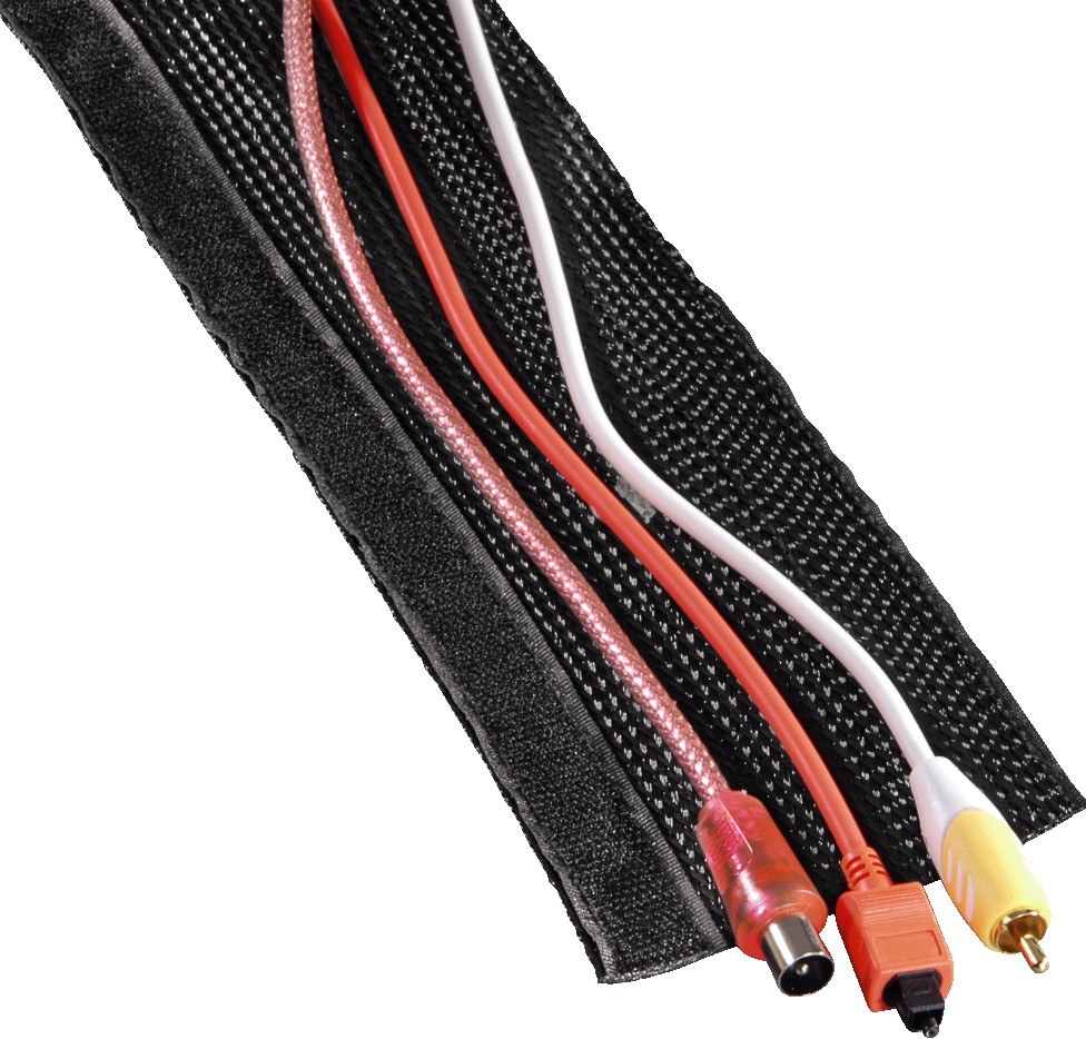 Schwarzer Kabelorganizer mit vier farbigen Kabeln.