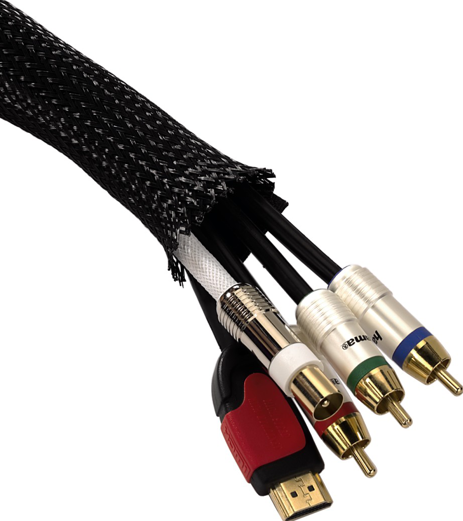 HDMI- und Cinch-Kabel in einer schwarzen Mesh-Hülle mit farbcodierten Steckern.
