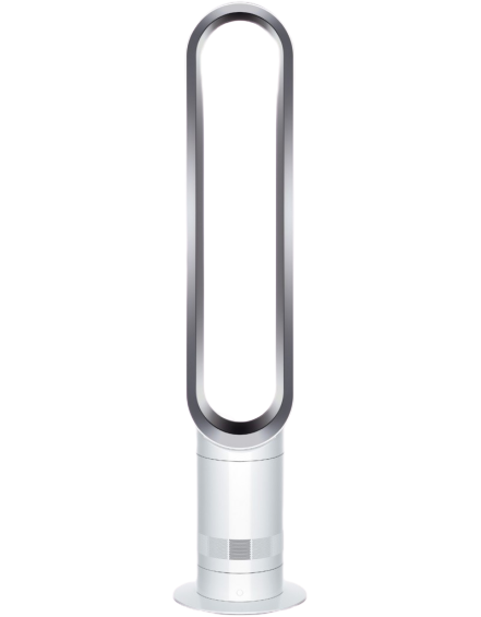 Ein hoher, weißer Dyson-Ventilator. Er hat eine silberne Schlaufe oben und einen weißen Sockel.