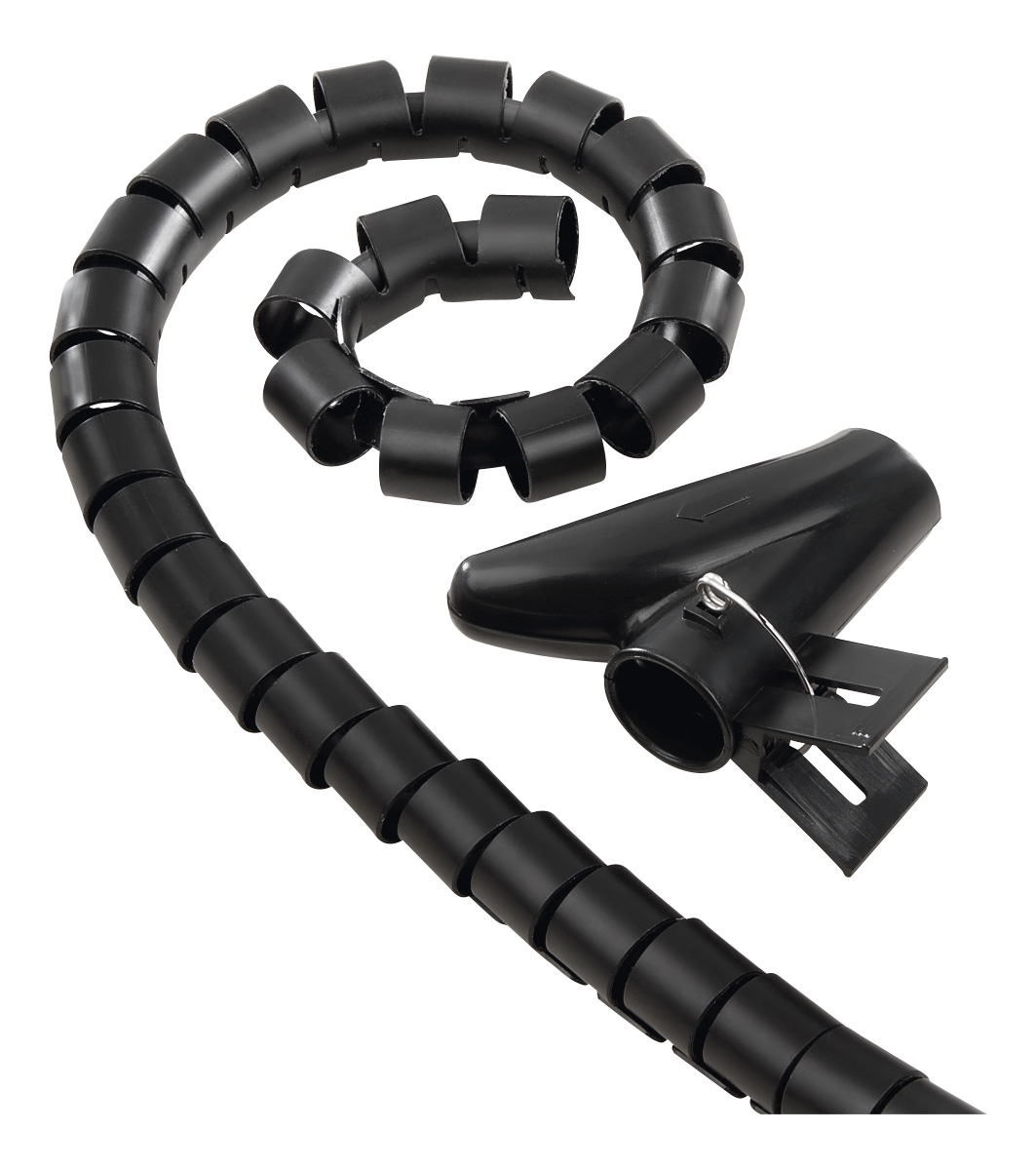 Schwarzer Kabel-Organizer mit Spiralform und einem Clip zur Sicherung der Kabel.