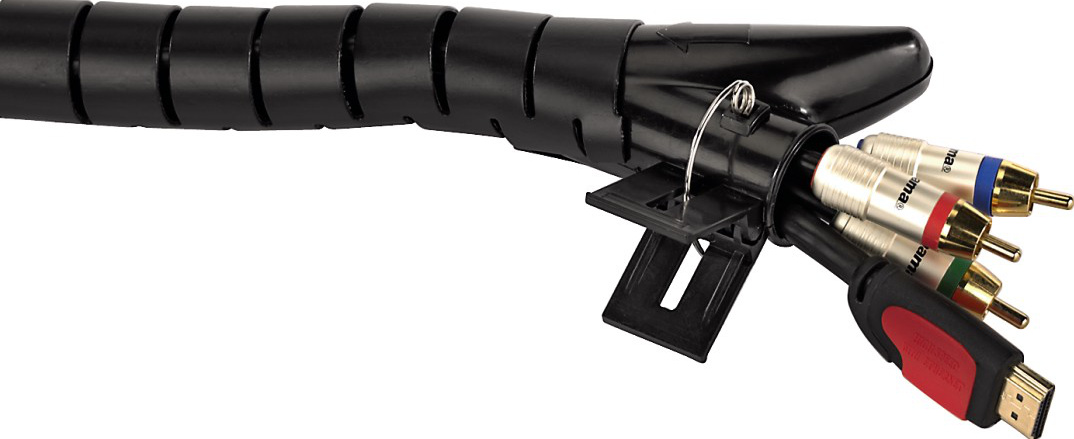 Schwarzer flexibler Kabelorganisator mit Kabeln und Anschlüssen im Inneren.