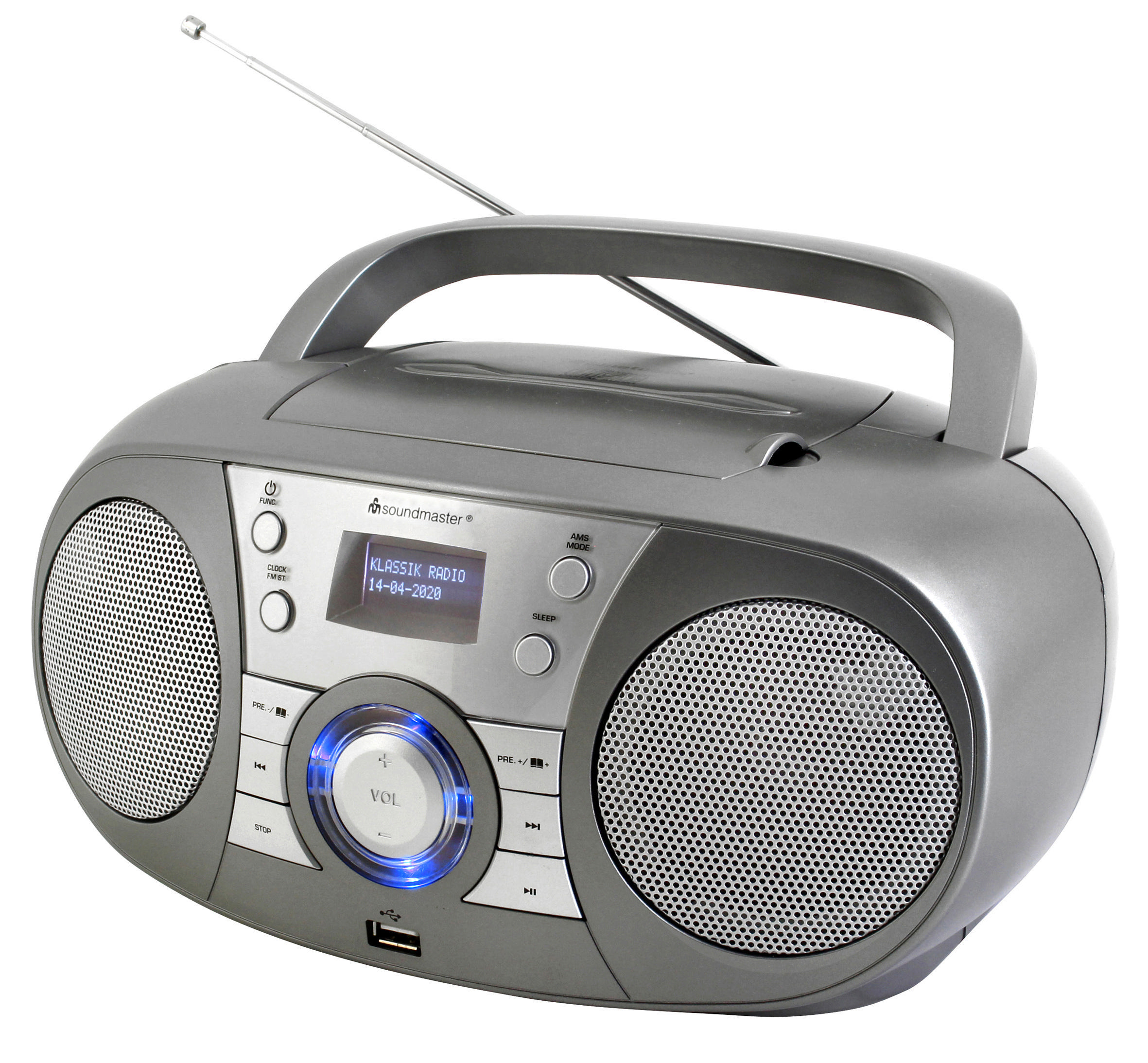 Eine graue Boombox mit Bildschirm und USB-Anschluss.