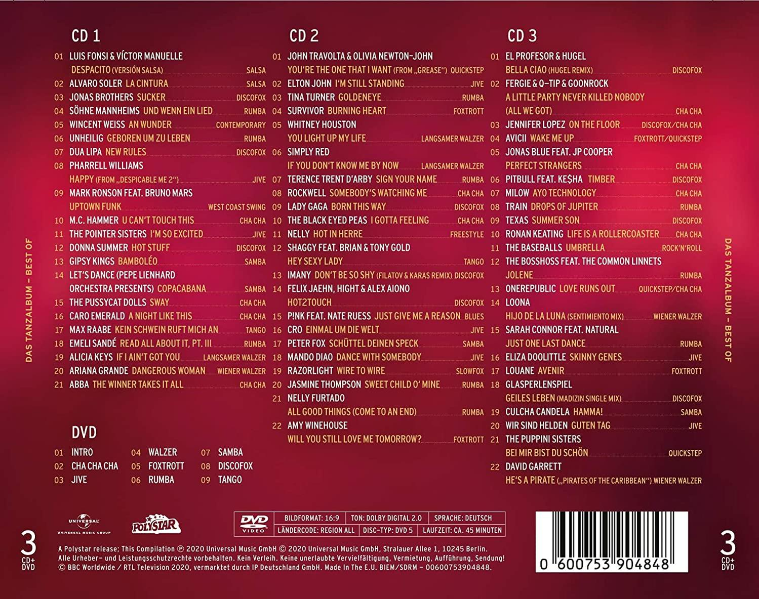CDs mit Titellisten, eine DVD-Hülle und ein Produktetikett.