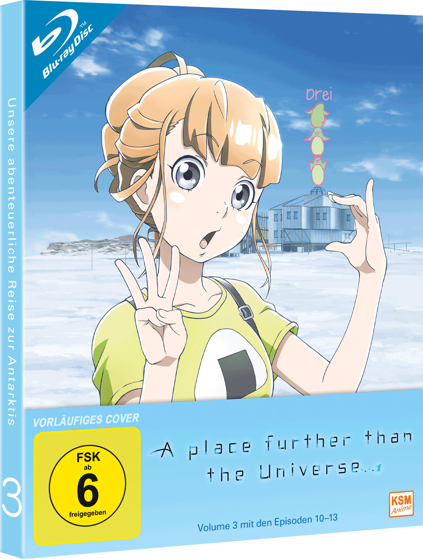 Anime Blu-ray Disc-Box mit einem Mädchen, das ein Friedenszeichen macht, blauem Himmel im Hintergrund und japanischem Text.