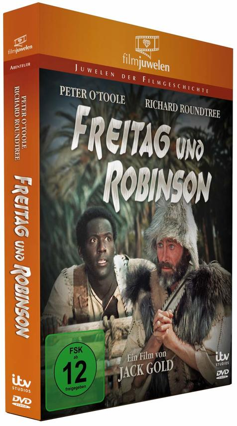 DVD-Box-Art des Films 'Freitag und Robinson'. Zwei Männer blicken sich vor Dschungelhintergrund an.