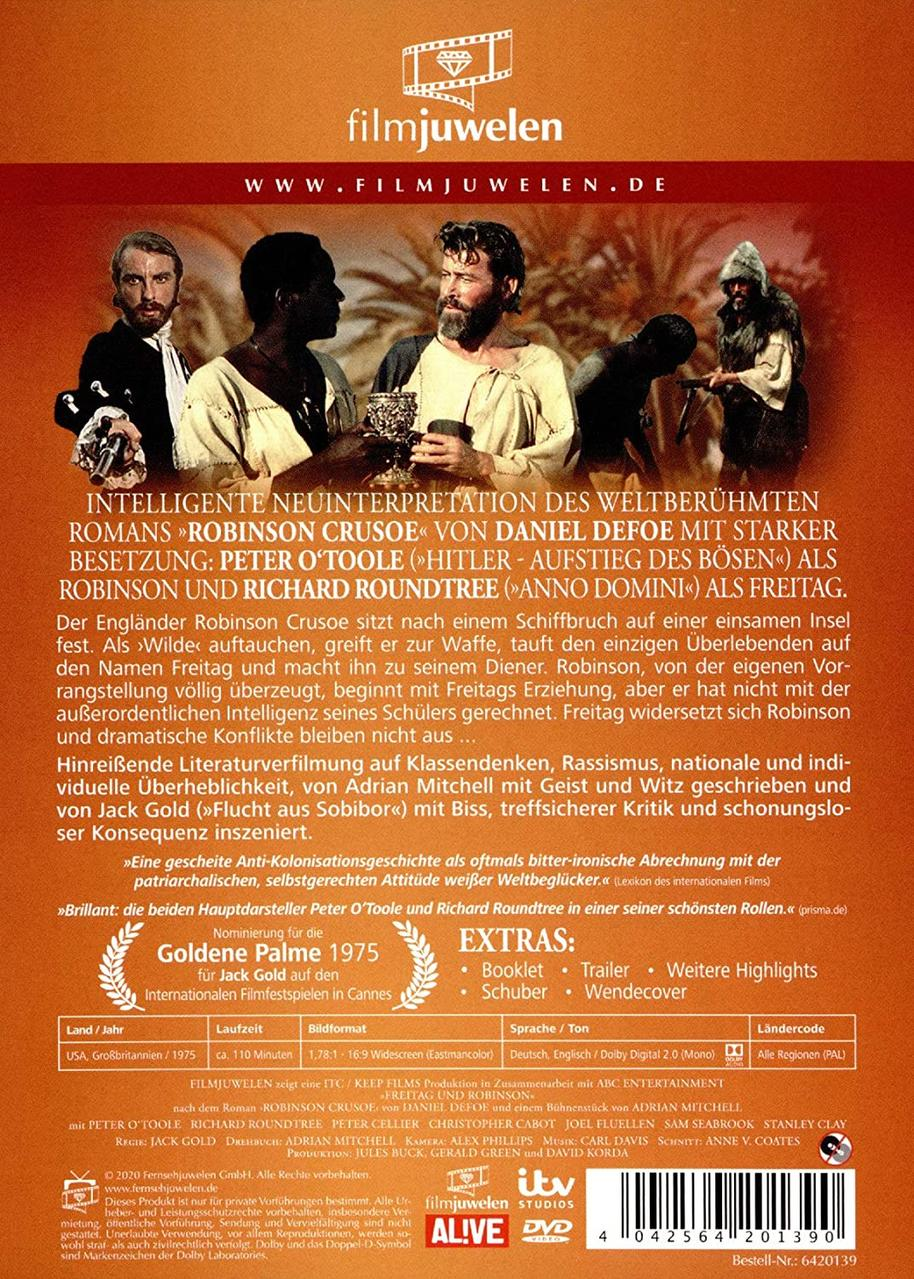 Filmposter mit mehreren Schauspielern und Text. Der Titel 'Robinson Crusoe' ist sichtbar.