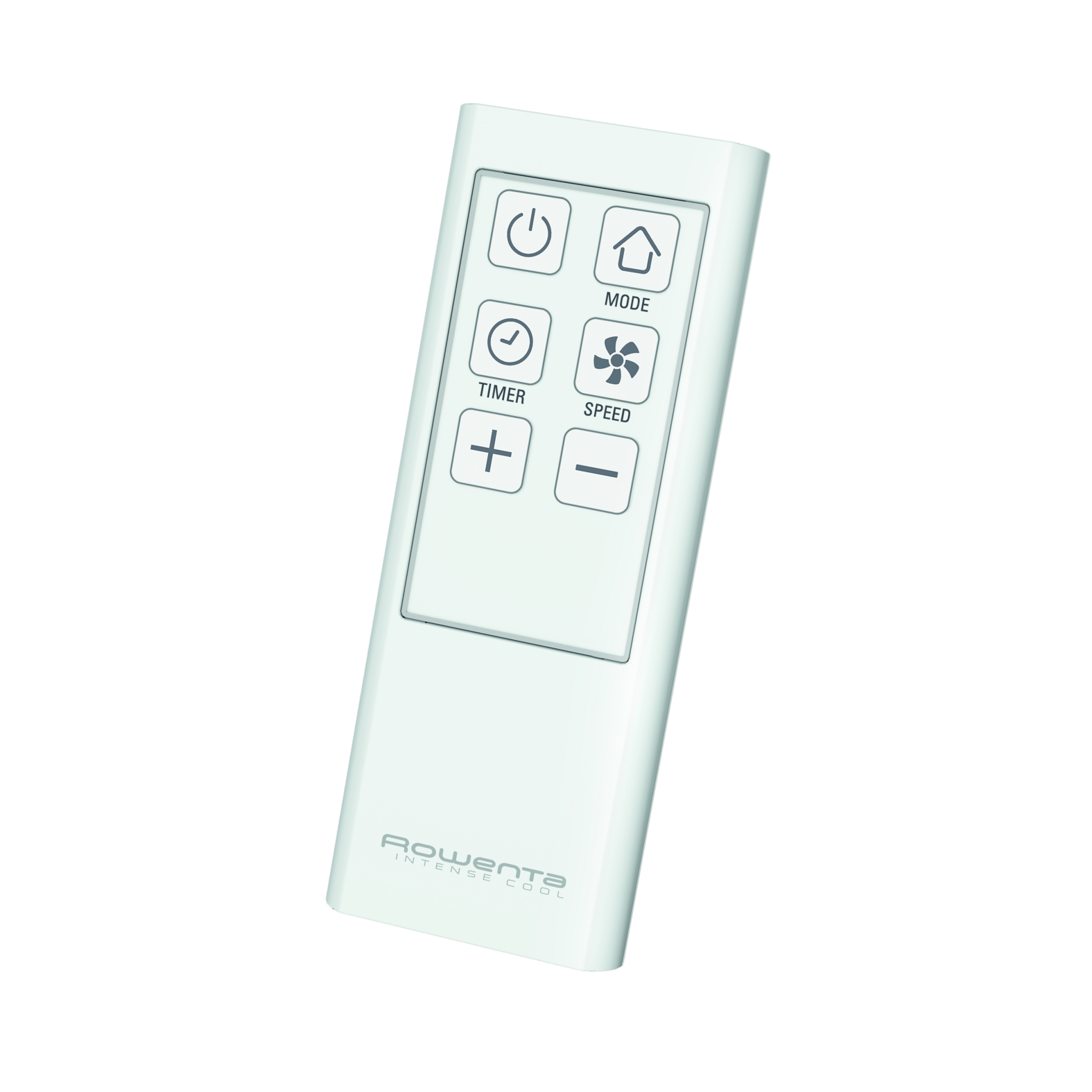 Control remoto blanco con botones de encendido, temporizador, modo, velocidad y ventilador.
