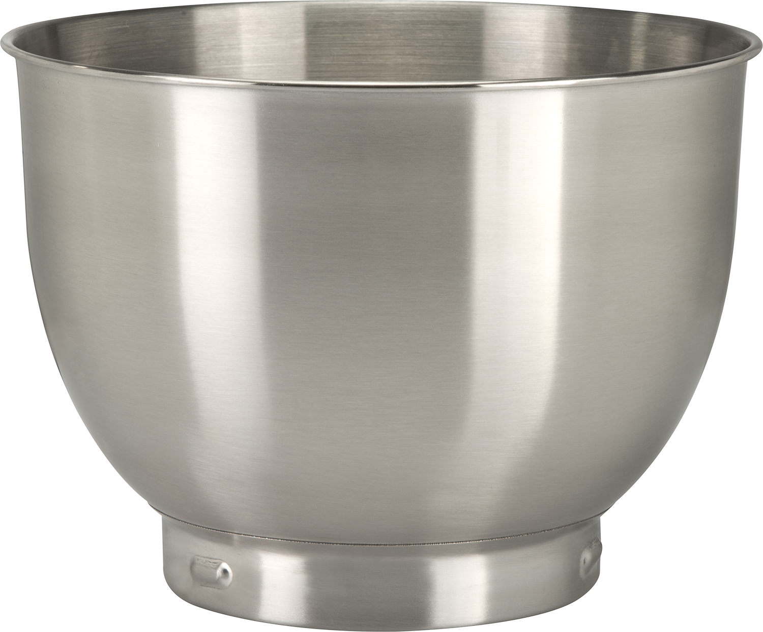 A shiny stainless steel mixing bowl. The bowl is empty, with a rounded bottom and a flared, smooth rim.