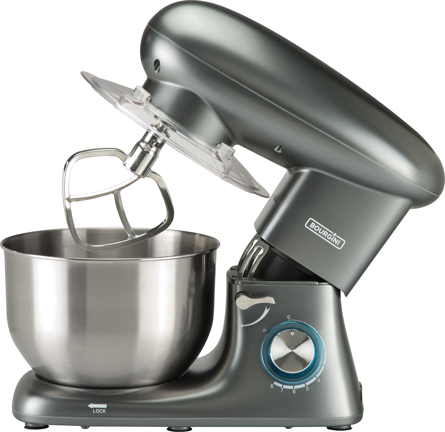 A gray stand mixer with the mixing arm raised and a bowl.