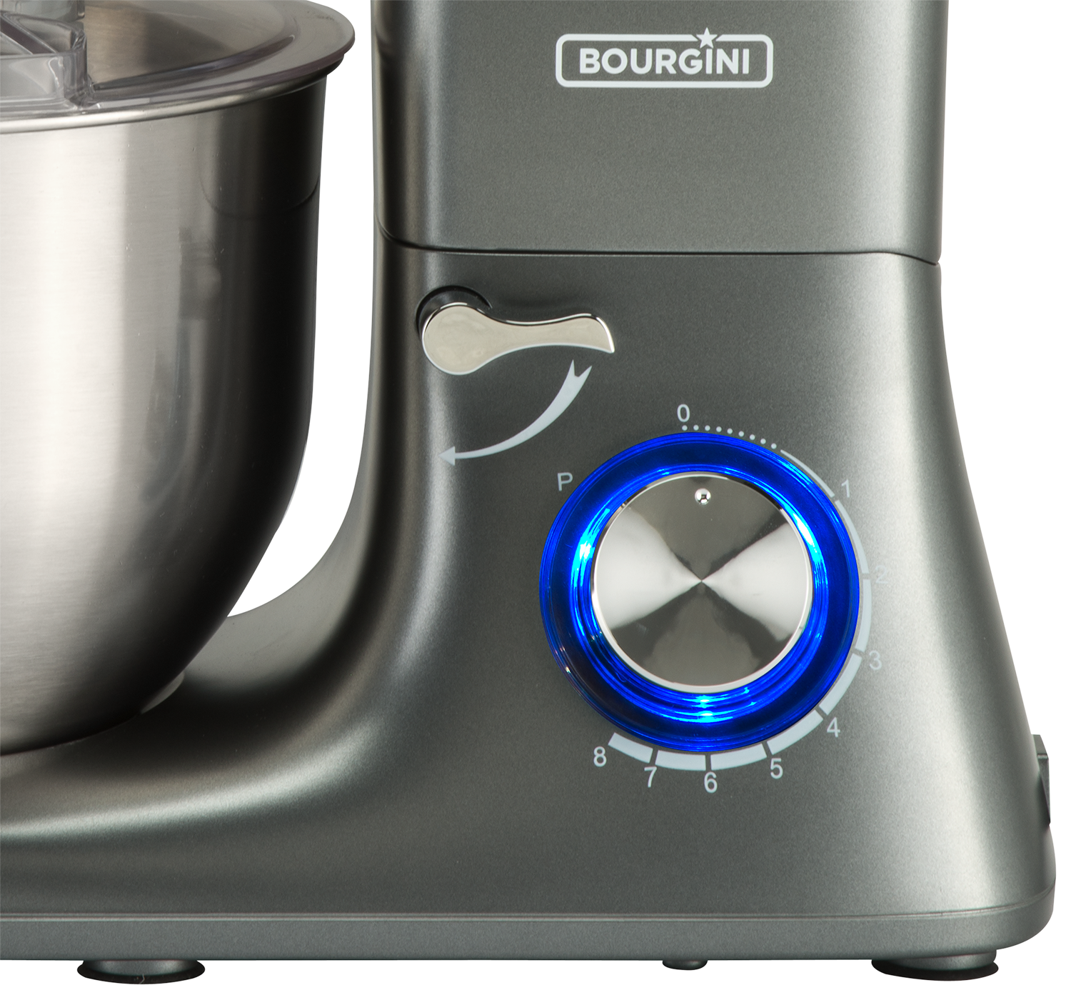Close-up of a gray food processor's control panel. It has a dial with numbers and a blue light.