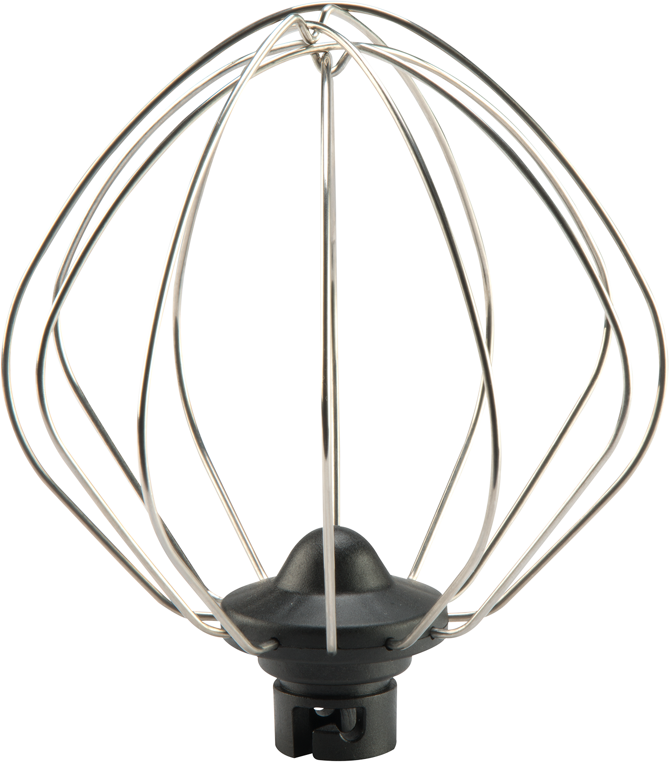 Whisk attachment for a mixer, made of shiny metal, on a black background.