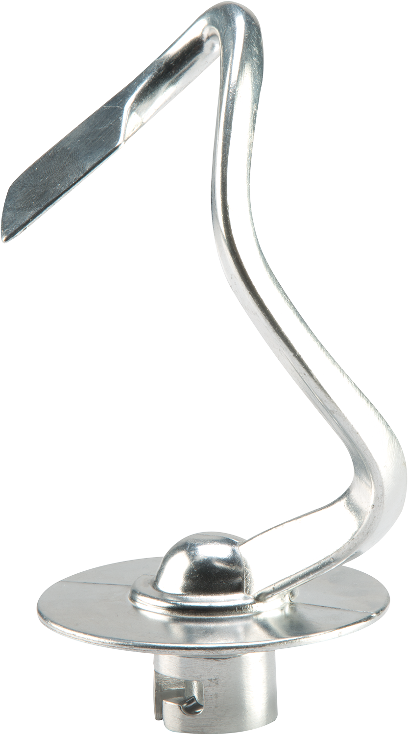 A silver dough hook for a mixer, isolated on black.