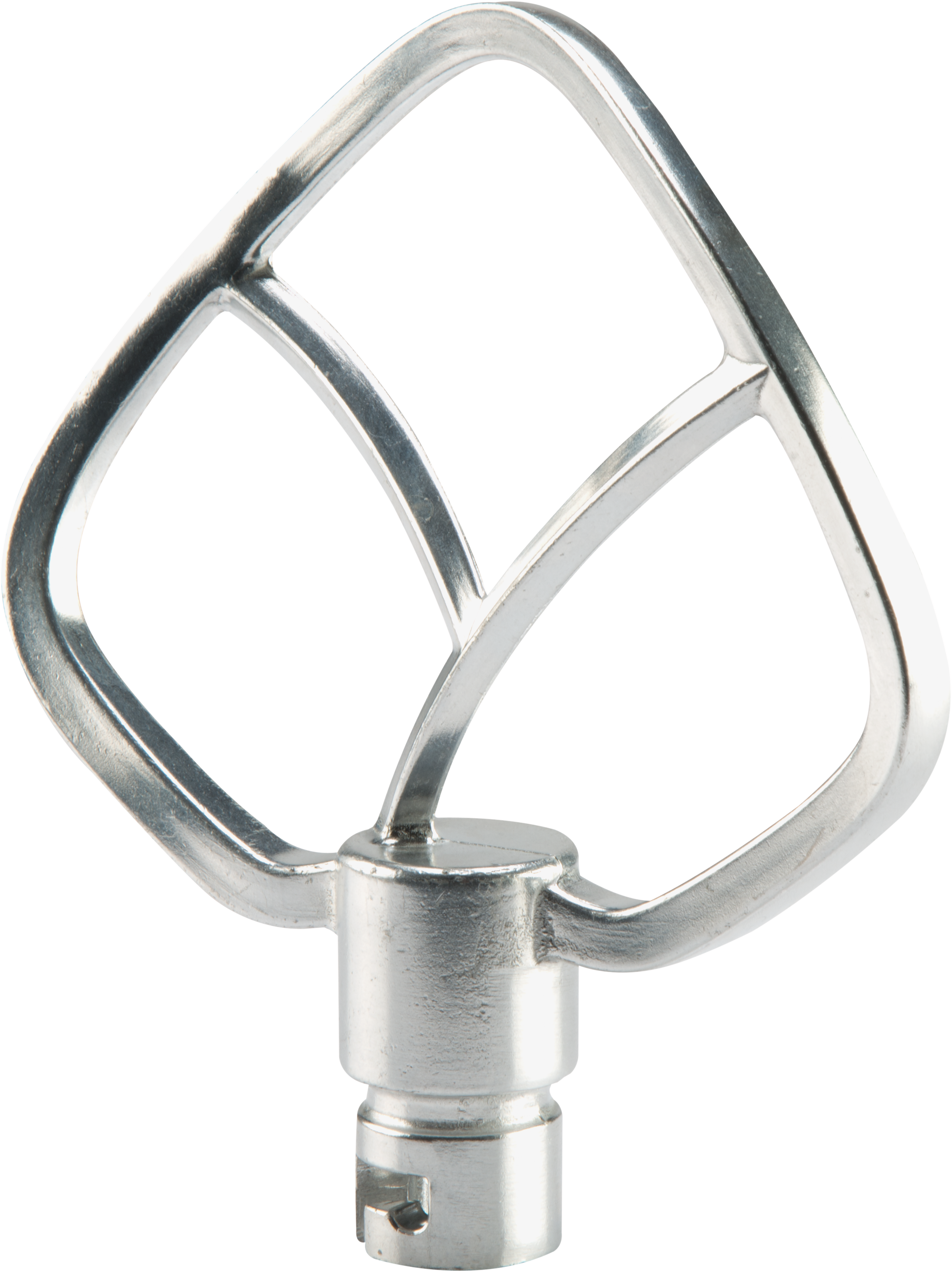 A mixer attachment with a diamond-shaped design, made of shiny, silver metal.