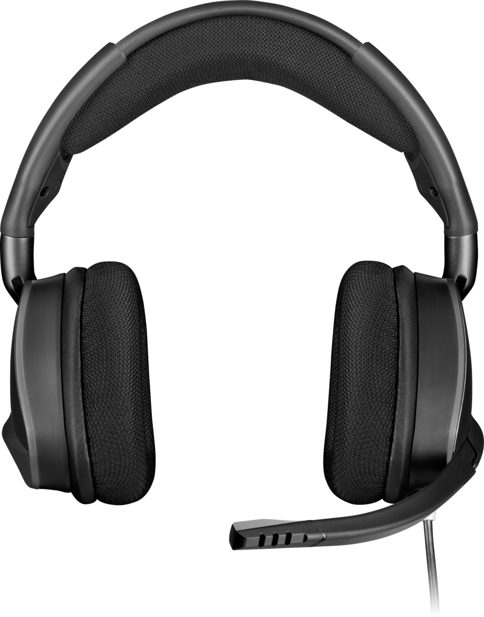 Auriculares negros con almohadillas acolchadas, diadema y micrófono en el auricular izquierdo.
