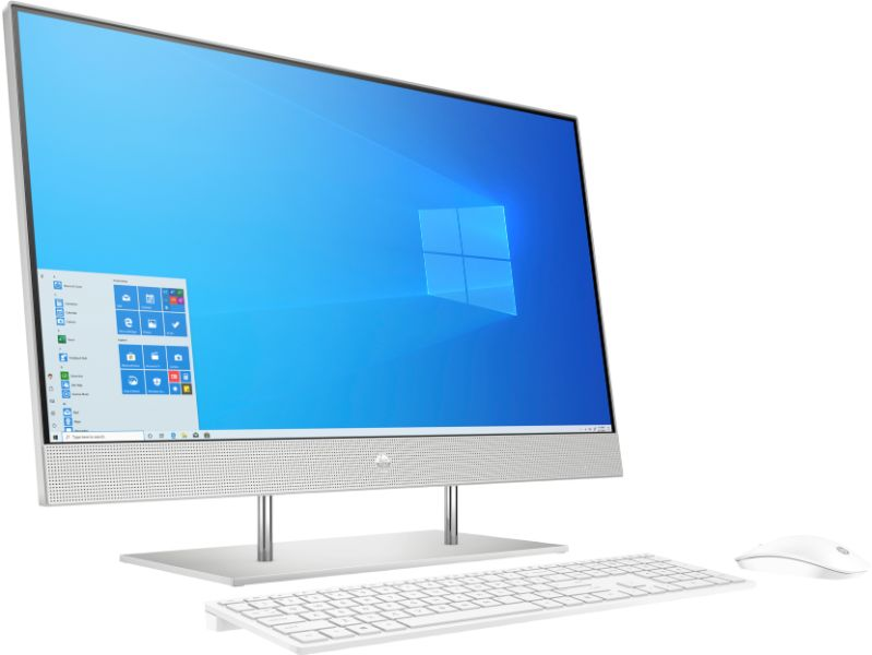 Un ordenador todo en uno blanco con pantalla azul, teclado y ratón.