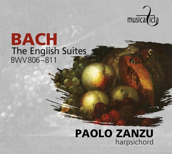 Pochette d'album avec des fruits et le texte: BACH The English Suites, Paolo Zanzu et le logo musica ica.