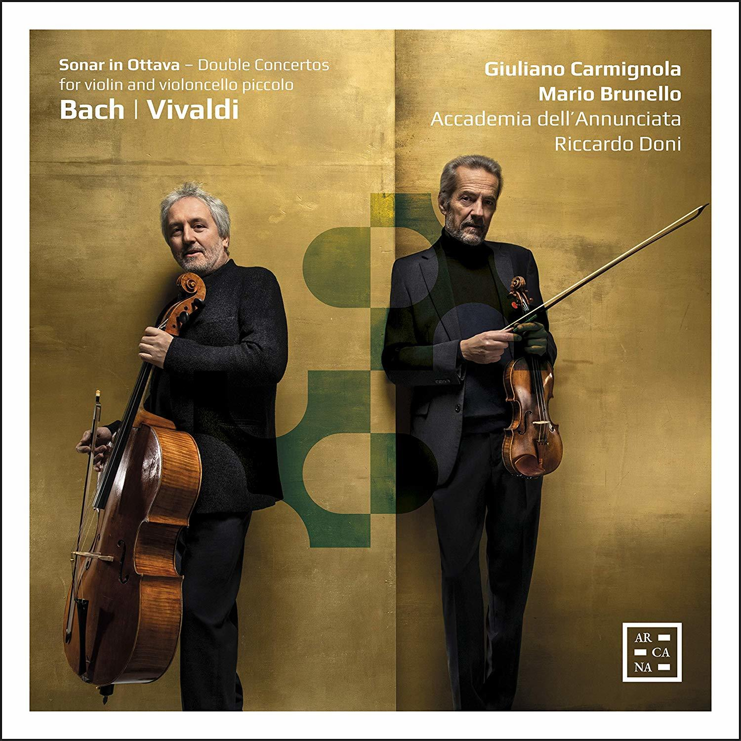 Pochette d'album avec deux hommes tenant des instruments. Texte en or : Bach | Vivaldi et noms.