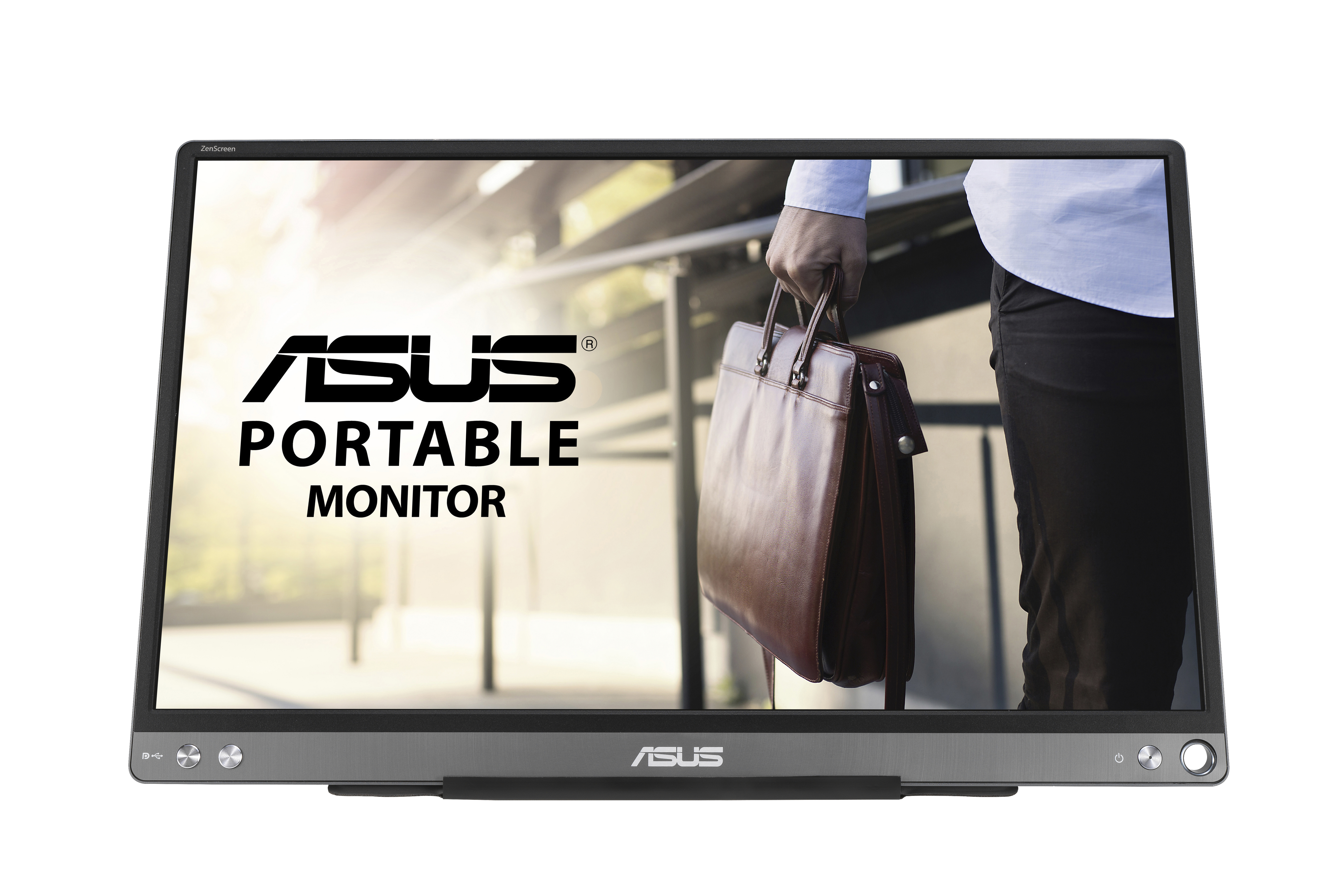 Ein tragbarer ASUS-Monitor, der Text und eine Person mit einer Aktentasche anzeigt.