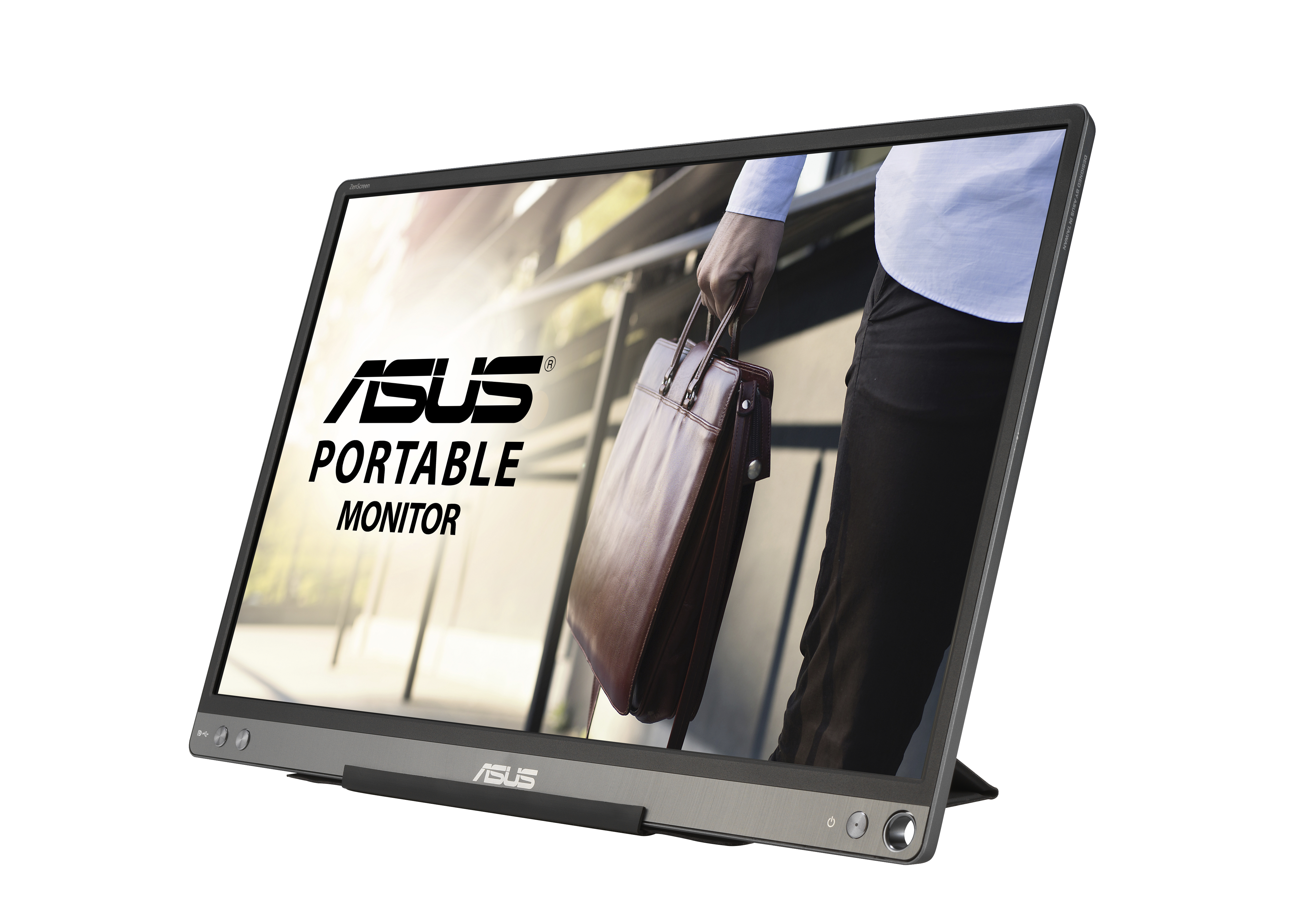 ASUS tragbarer Monitor mit einer Person, die eine Tasche hält, vor einem Gebäude.