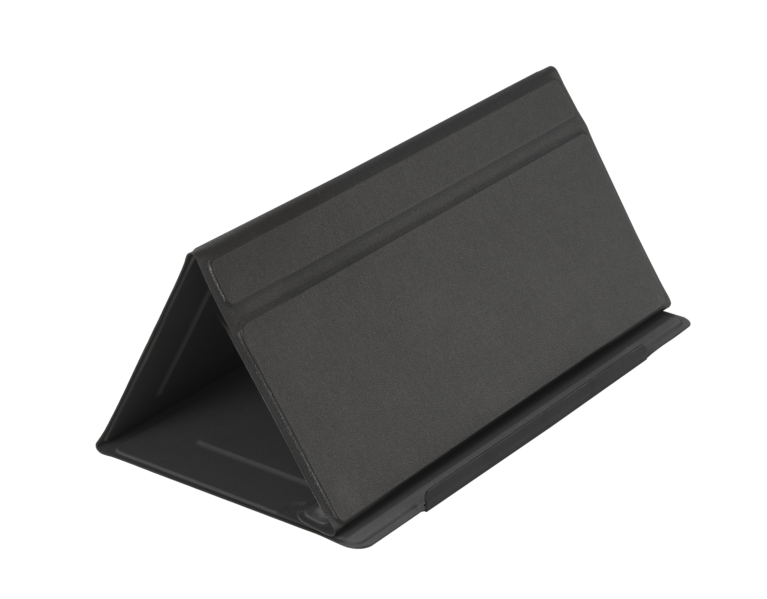 Gefaltete Tablet-Hülle, dunkelgrau, schräge Ansicht.