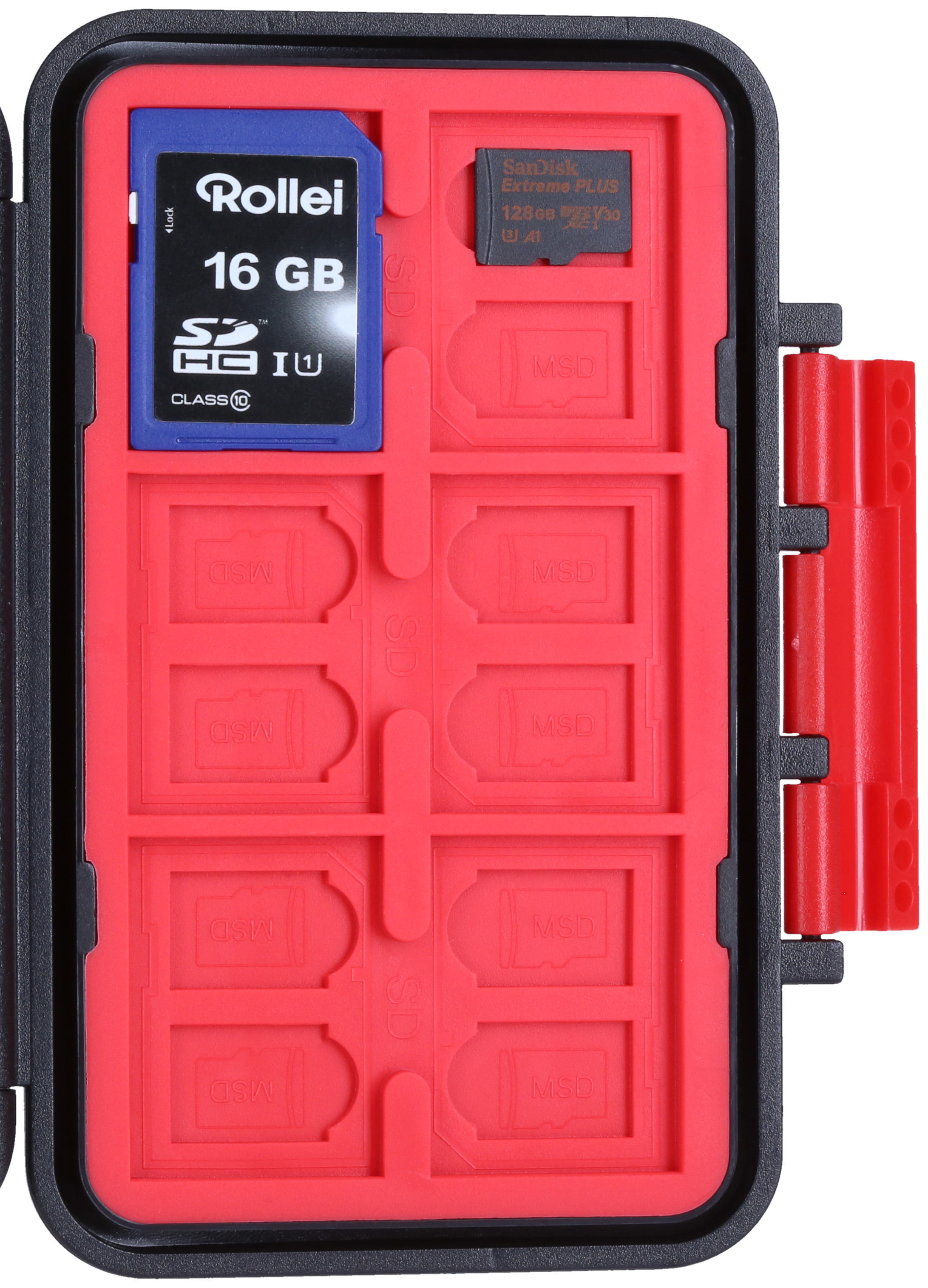 Ein rotes Etui mit Speicherkartenfächern, zwei SD-Karten und roten Verschlüssen.