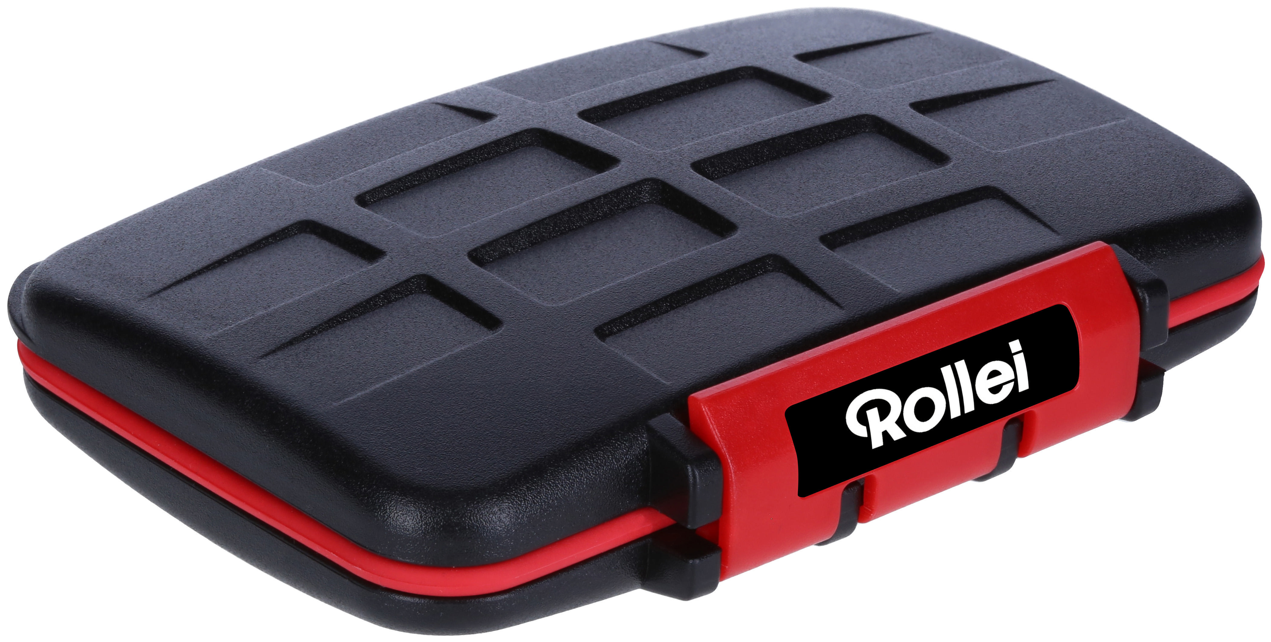 Schwarze Rollei-Speicherkartenhülle mit rotem Verschluss und Rillenmuster.