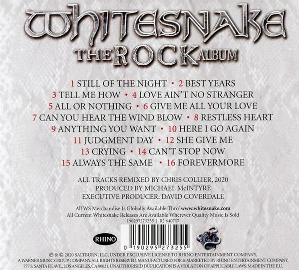 Whitesnake album achterkant met tracklijst. Witte achtergrond met tekst. Rhino logo.
