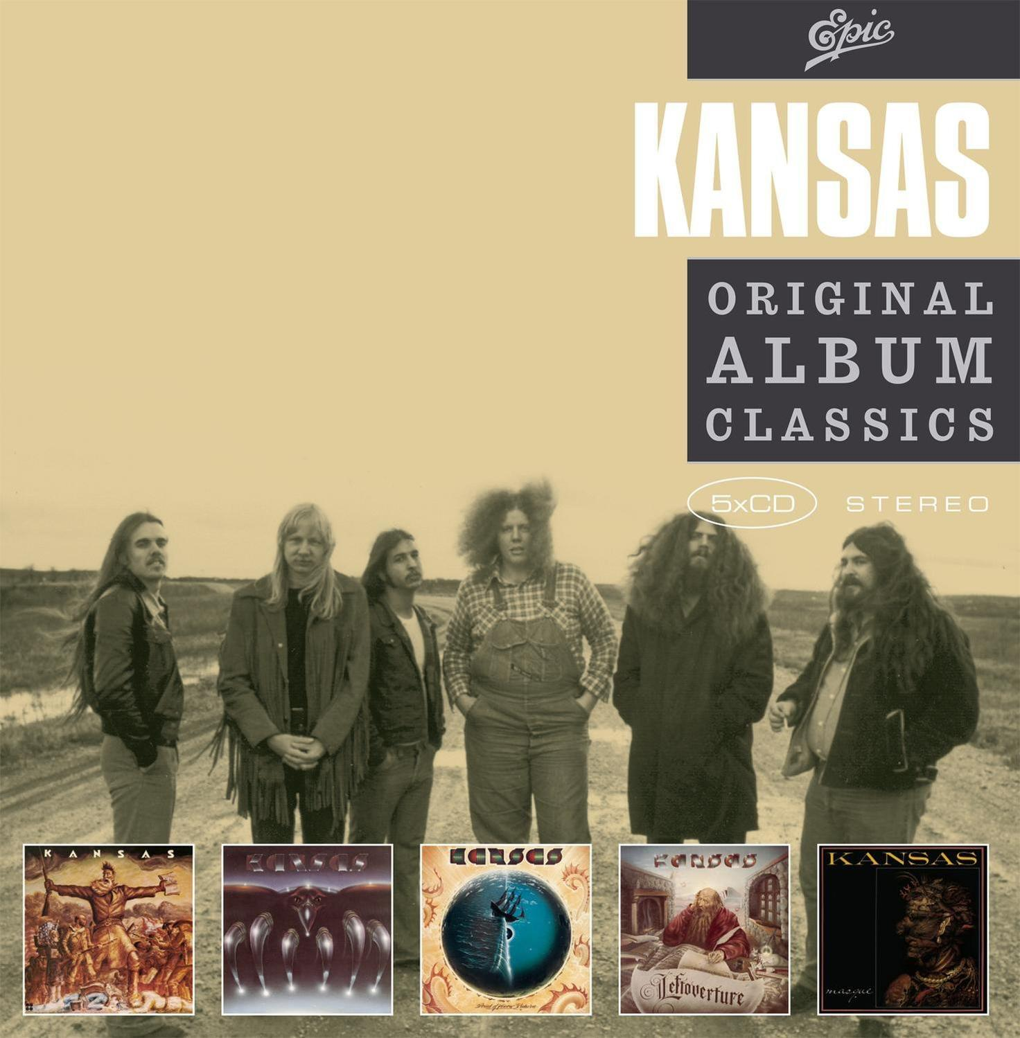 Kansas-Albumcover. Sechs Bandmitglieder stehen auf einem Feldweg. Der Albumtitel steht oben.
