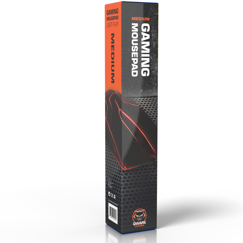 Gaming muismat doos. Zwart en rood ontwerp, doos is hoog en smal, met een gaming muis outline.