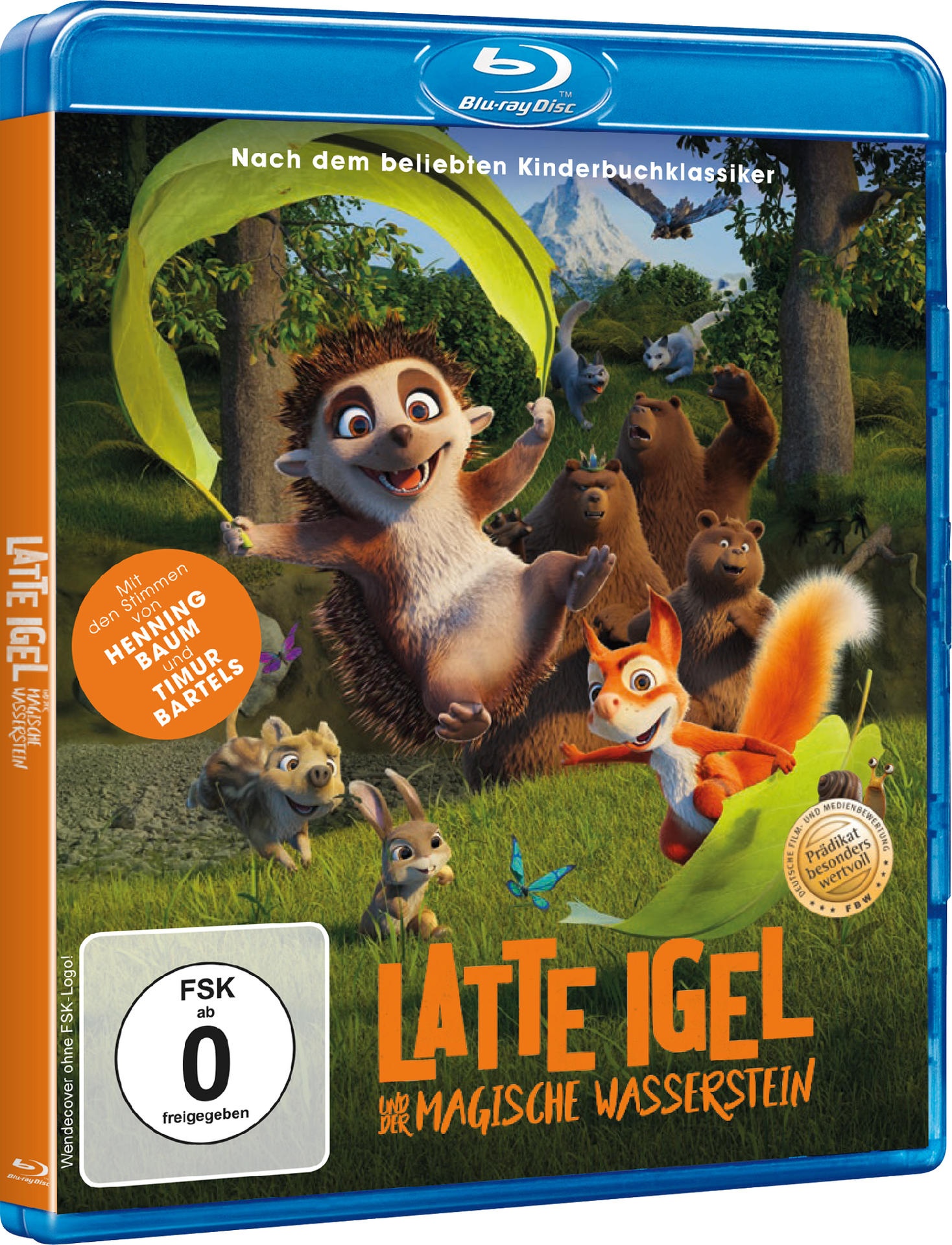 Eine blaue Blu-ray-Disc-Hülle mit Zeichentrickfiguren von 'Latte Igel'. Der Umschlag hat ein grünes Blatt.