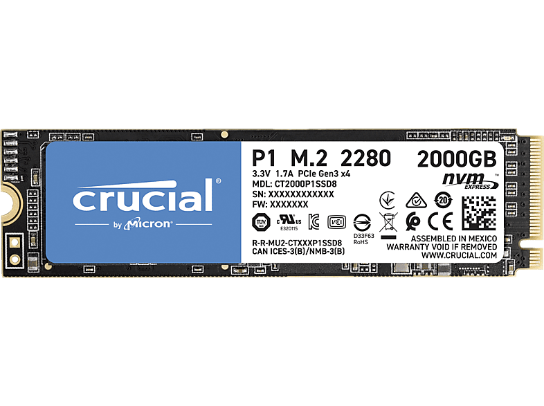 CRUCIAL P1 Festplatte, 2 TB SSD M.2 via PCIe, intern