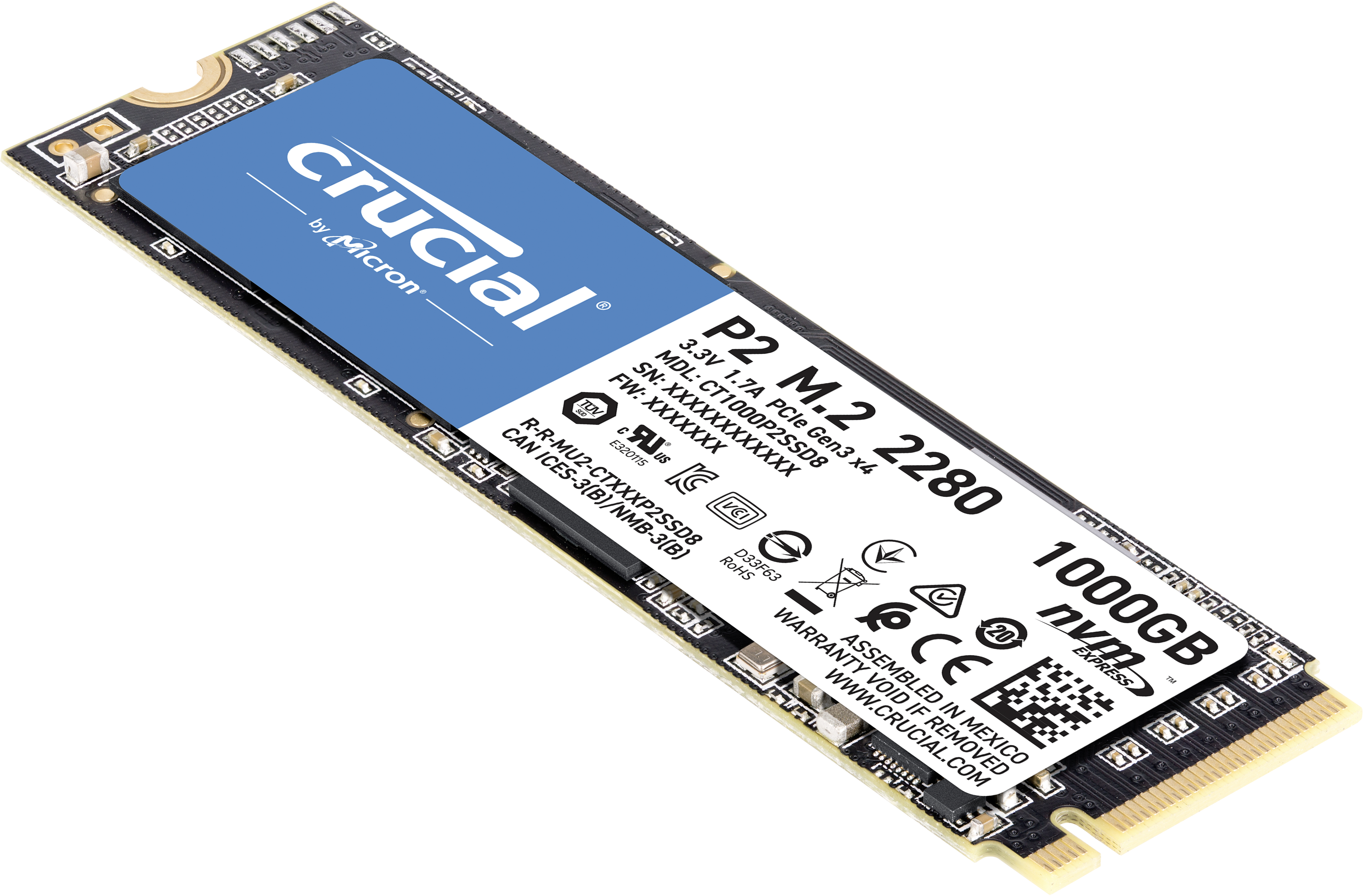 CRUCIAL P2 Festplatte, 1 TB SSD M.2 via PCIe, intern