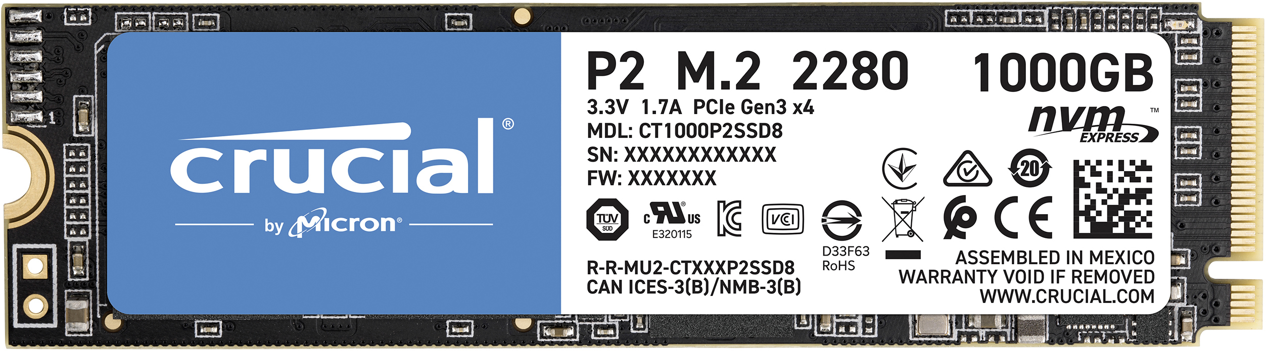CRUCIAL P2 Festplatte, 1 TB intern M.2 PCIe, SSD via