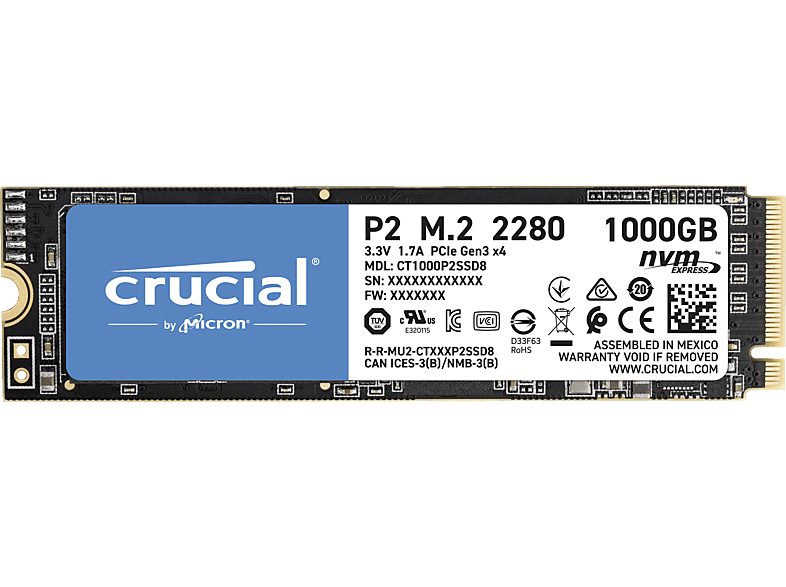 CRUCIAL P2 Festplatte, 1 TB SSD M.2 via PCIe, intern