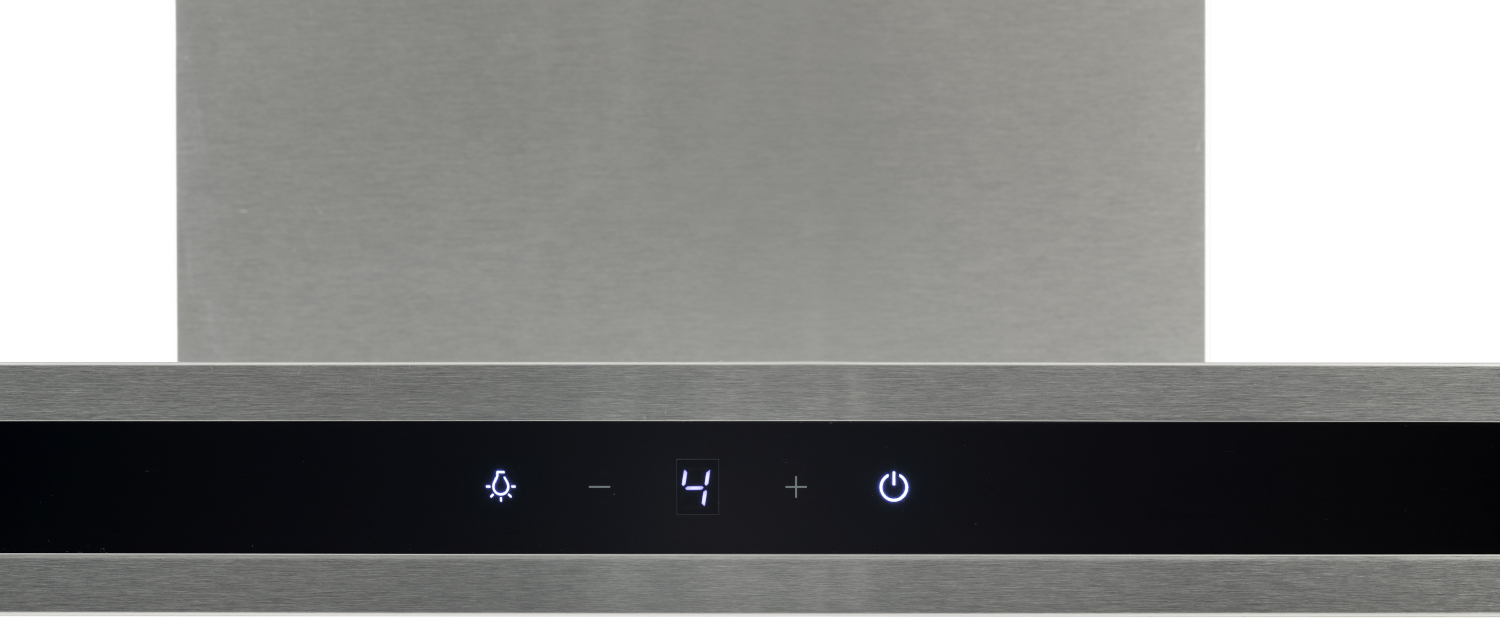 Silver range hood control panel with buttons, a digital display and a light.