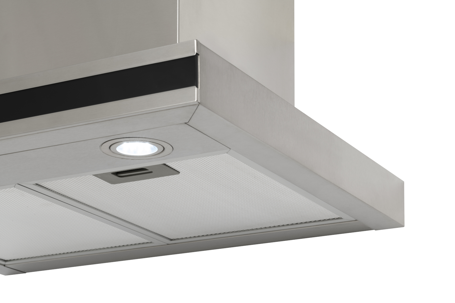 Stainless steel range hood with a light and two visible filters.