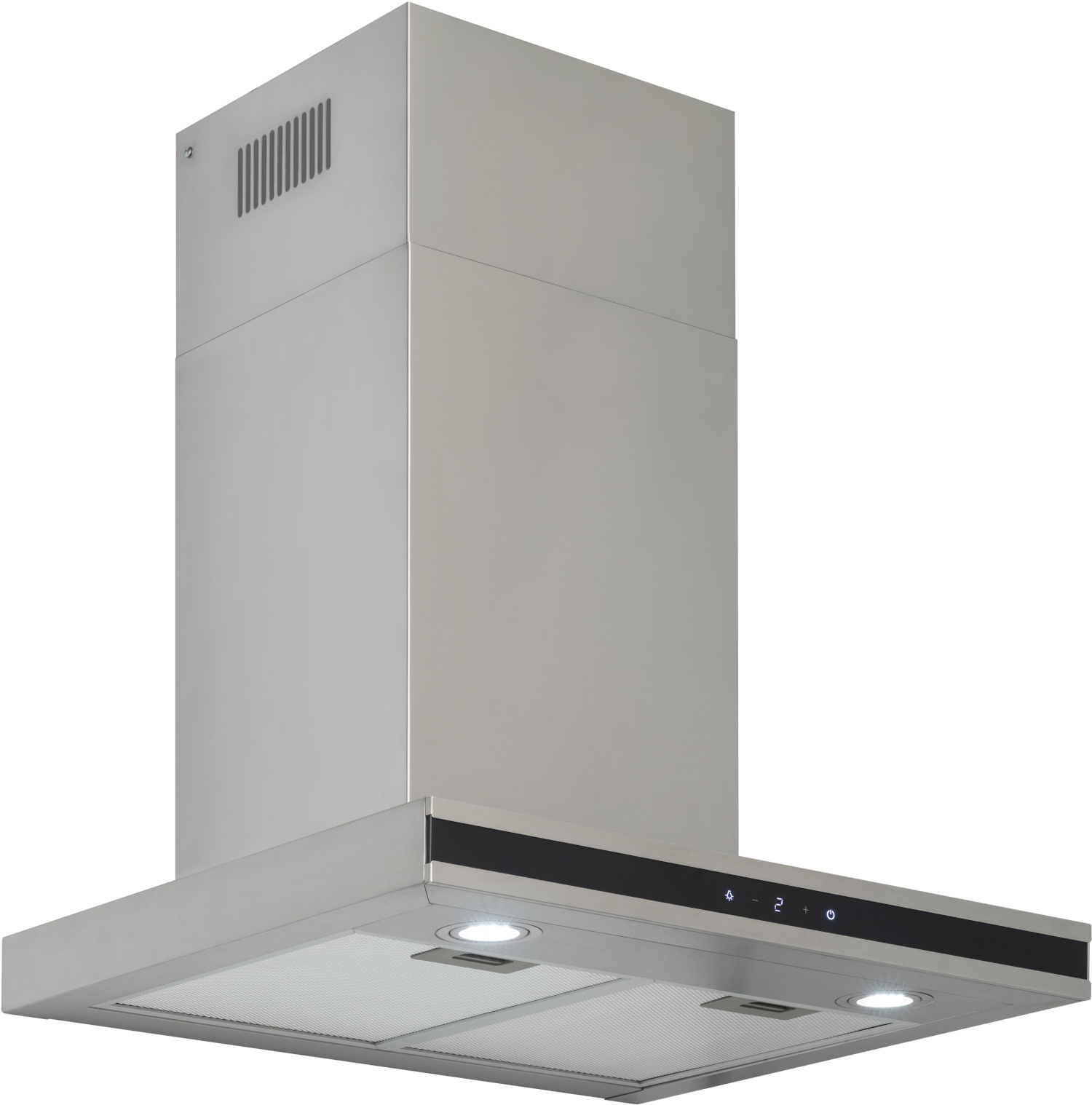 Stainless steel range hood with lights and digital display, modern design.