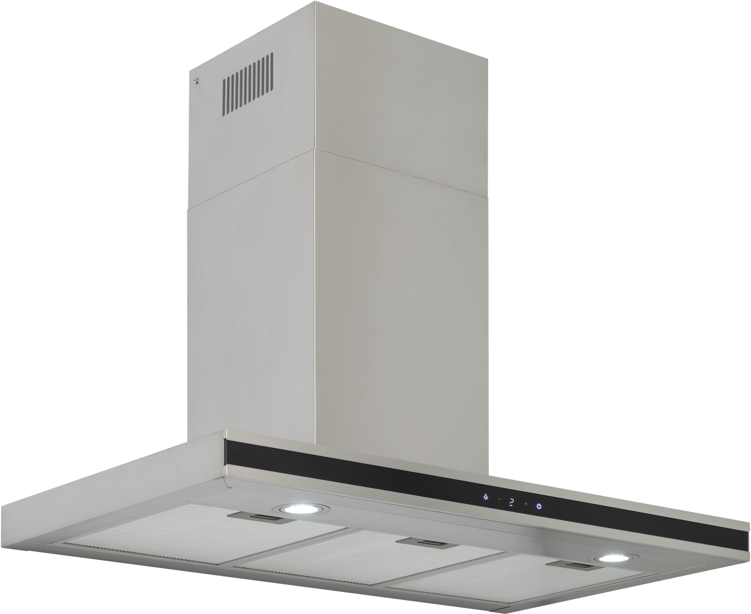 A silver kitchen hood with lights and a display.